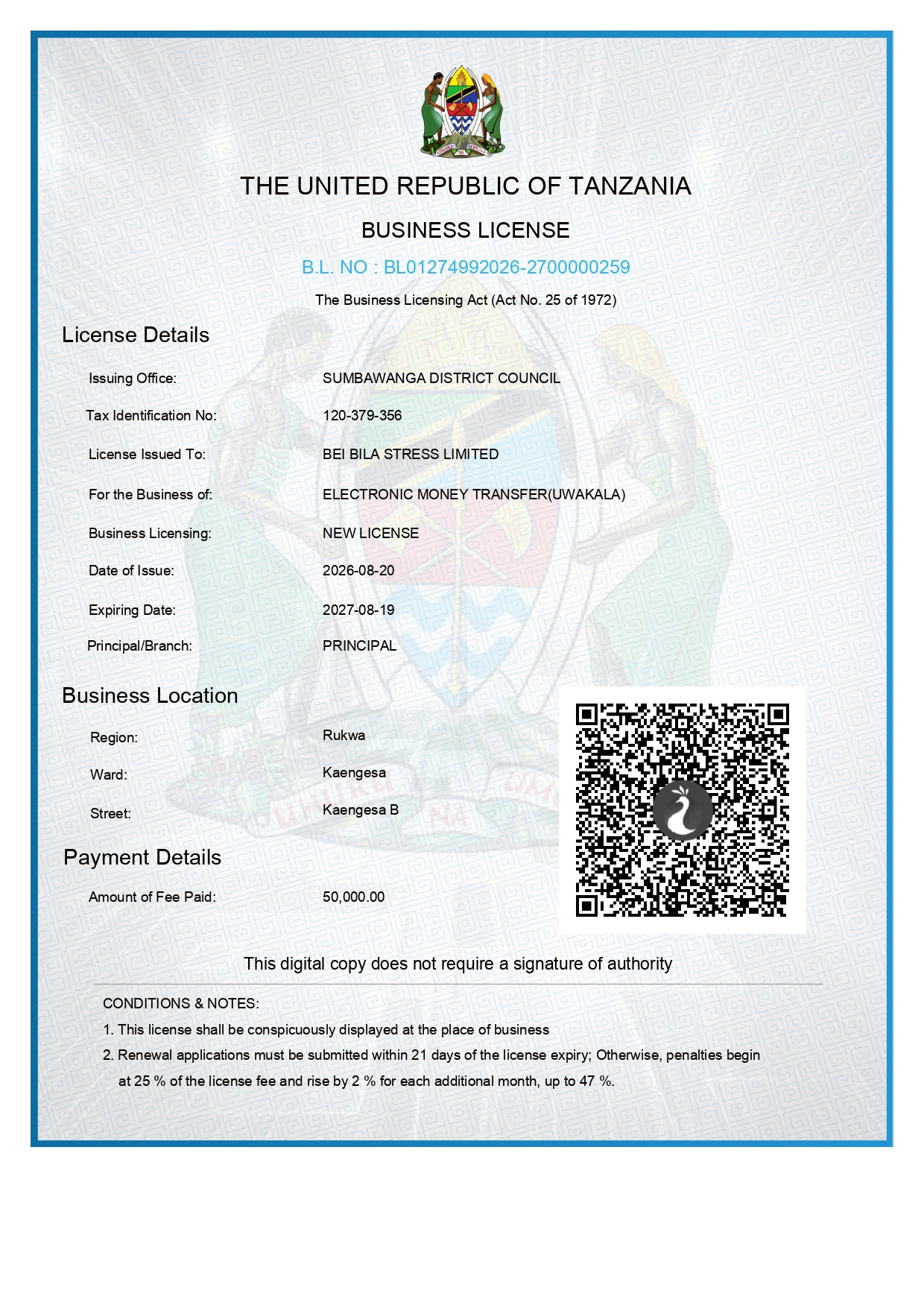 TRA certificate